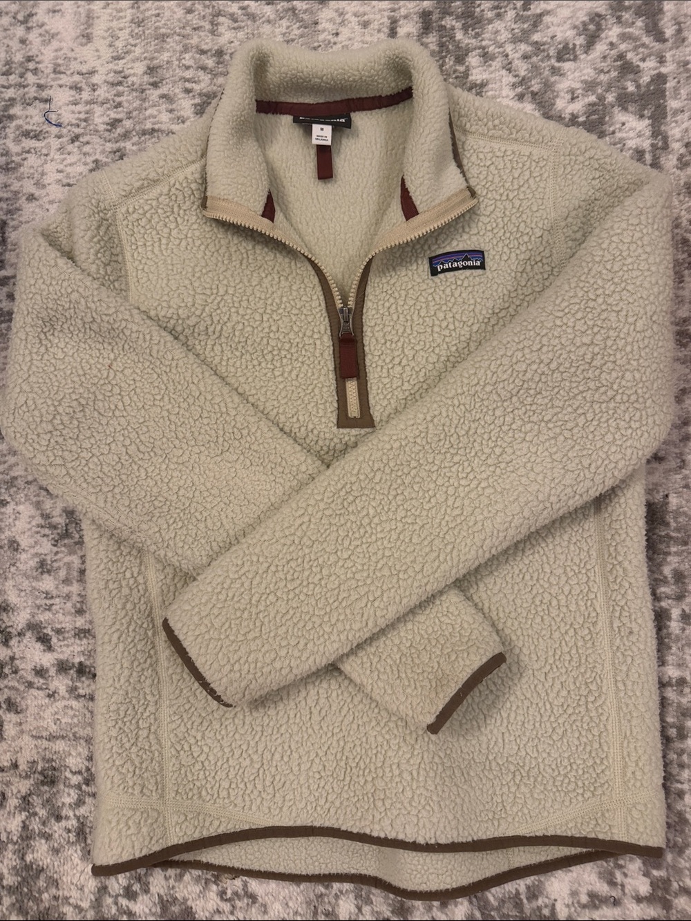 Patagonia Women Cream Sherpa Zip-Neck Pullover with Brown Trim